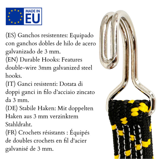 Elastisches Spannband mit Stahlhaken, schwarz.