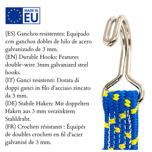 Elastisches Spannband mit Stahlhaken, blau.