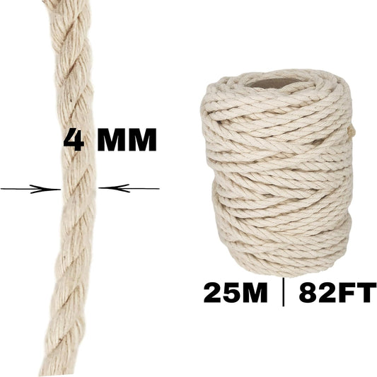 Naturfarbene Baumwollschnur, ø4 mm × 25 m.