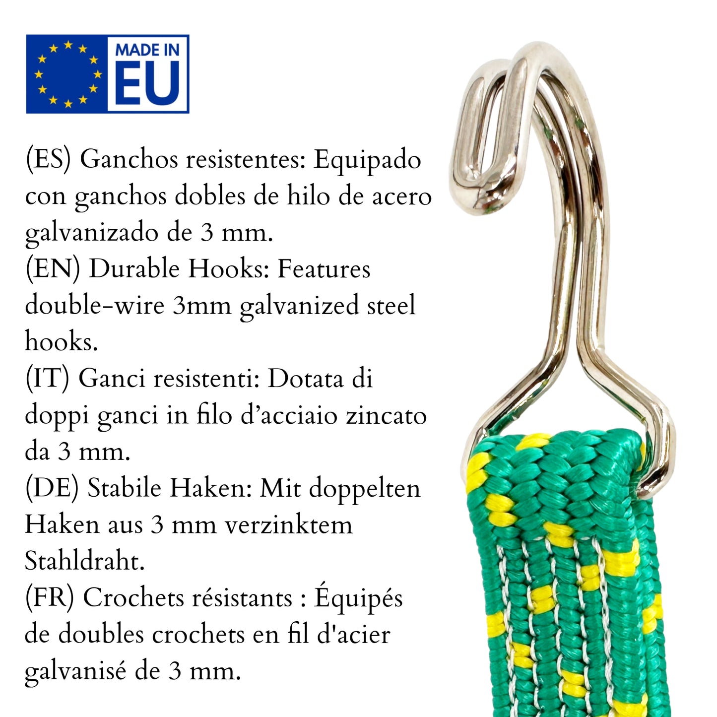Elastisches Spannband mit Stahlhaken, grün.