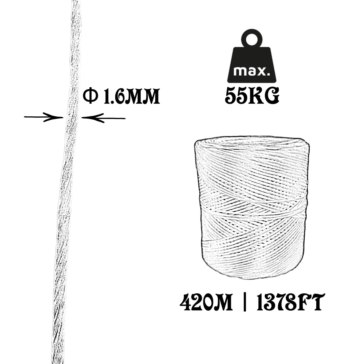 Hilos de rafia de polipropileno, blancos, 1,6 mm × 420 m.