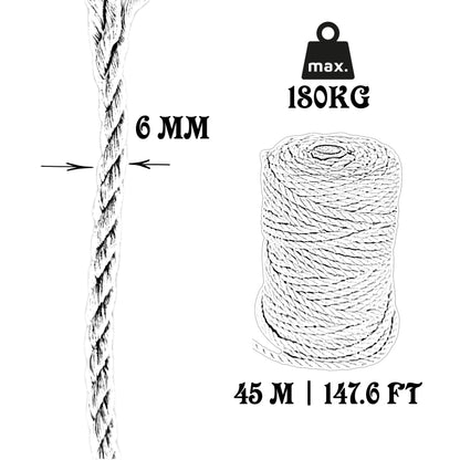 Cord rope, cotton, White, Ø6MM * 45M.