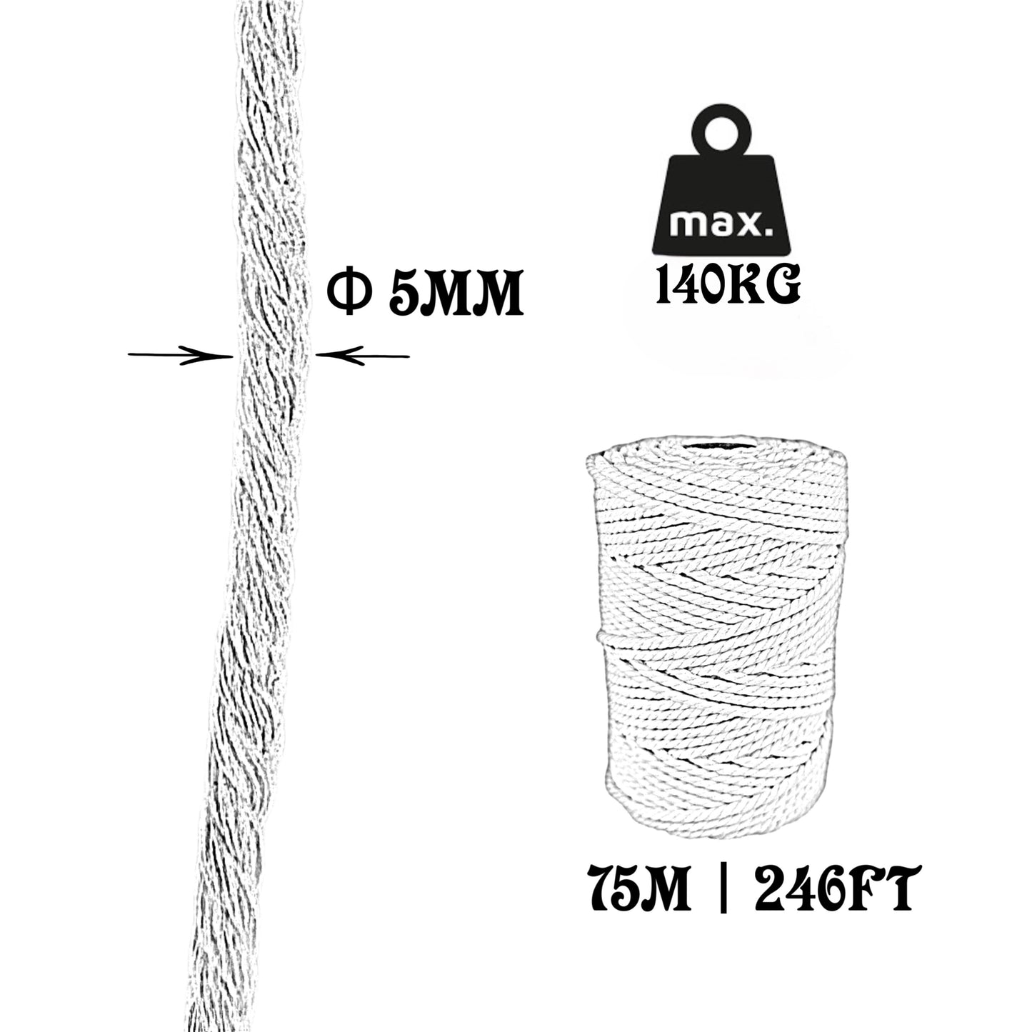 Baumwollseil, naturfarben, 5 mm × 75 m.