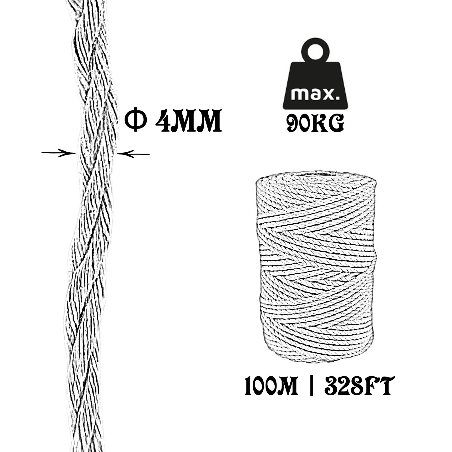 Cord Rope, Cotton, White, ø4MM * 100M.