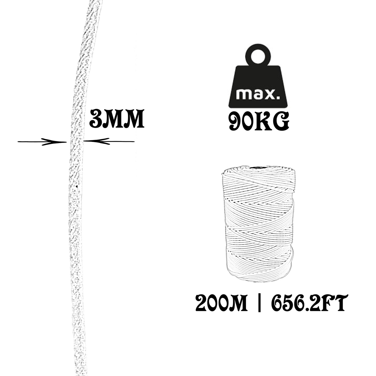 Corda per binario in plastica, bianca, 3 mm × 200 m.