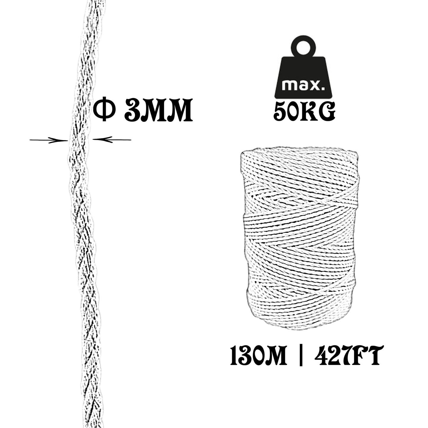 Cord Rope, Cotton, White, ø3MM * 130M.