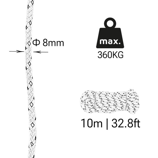 Cordoncino in poliestere opaco, bianco e rosso, ø8 mm × 10 m.